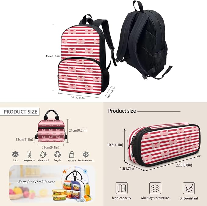 Red Bow knot Striped Backpack Set for Girls Kids Lightweight Cute School Backpack with Lunch Box Pencil Case Adjustable Strap Padded Book Bag Insulated Lunch Bag - Image 4