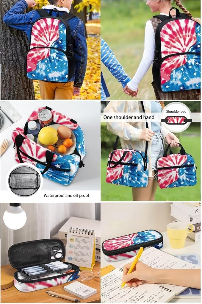 Tie Dye American Flag Backpack with Lunch Box and Pencil Case Girls Comfy Padded Cute School Backpack Set of 3 Bookbag for Student Lightweight Large Capacity Daypack - Image 5