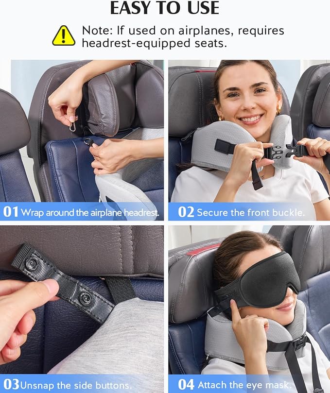 YFONG Travel Pillow for Long Flights, Patented 360° Ergonomic Sleeper Hold Head Support System with Memory Foam Neck Pillow & 3D Sleep Mask, Prevent Head Bobbing for Airplane & Road Trip, Grey - Image 7