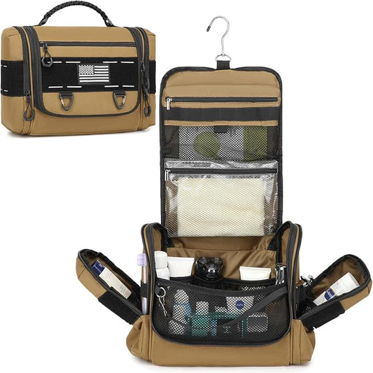Tactical Toiletry Bag for Men - Hanging Dropp Kit Mens Toiletry Travel Bag for Toiletries, Traveling & Shaving Kit, Portable Hygiene Bag Shower Bathroom Organizer with Handle & Hook, Brown by BISKLNDN