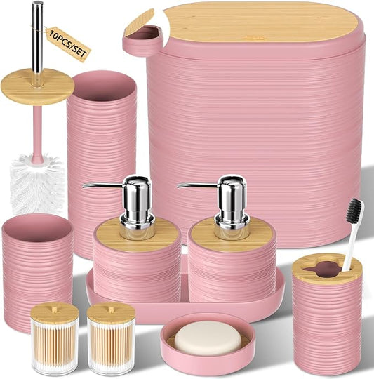 XLHOMO Pink Bathroom Set - 10PC Bathroom Accessories Set, Luxury Bathroom Accessory Set with Trash Can,Toilet Brush & 2 PC Soap Dispensers for Apartment Decor and Housewarming by BetterbathroomwithXLHOME