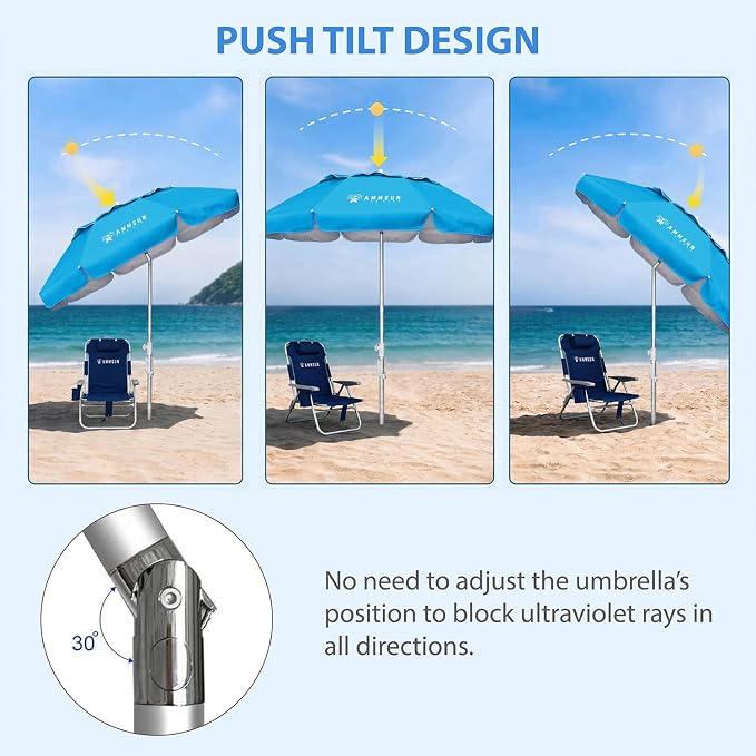AMMSUN 6ft Folded Portable Travel Beach Umbrella with Sand Anchor Tilt Air vent UPF 50+UV Protection Fit In Suitcase Compact Foldable Telescopic umbrellas for Patio Garden Beach Pool Sky Blue - Image 3