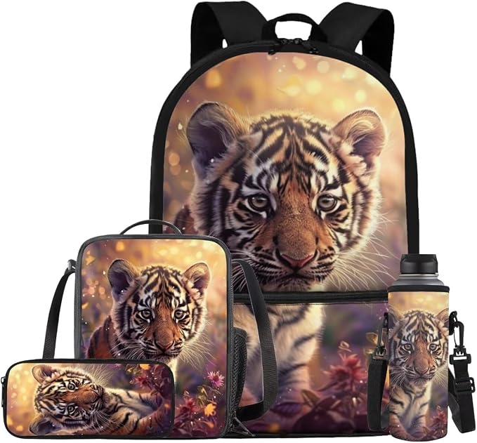 Tiger Backpack for Kids Girls Backpack with Lunch Box Water Bottle Carrier and Canvas Pencil Pouch 4PCS Set Cute Bookbag with Front Pocket 17 inch Sturdy School Bag with Side Pocket for Boys by ELEDIZI