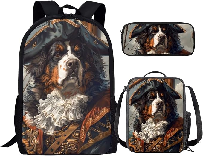17 Inch Animal Print School Backpack And Lunch Box Set for Kids Funny Pirate Bernese Mountain Dog Backpack for Boys Girl Sturdy School Bag with Insulated Lunchbox Pencil Case Student Bookbag by Parprinty