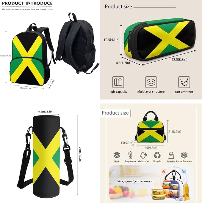 POLERO Jamaica Flag Bookbag Womens Backpack Schoolbags Set with Lunch Tote Bag/Water Bottle Cover/Pencil Case Office Travel Bags - Image 3