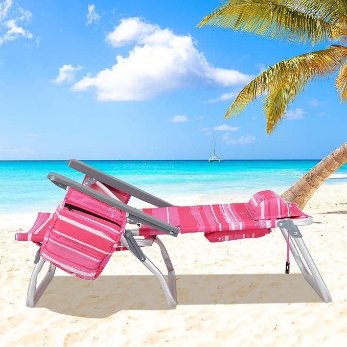 Giantex Folding Beach Chair, Patio Sling Chairs with 5 Adjustable Position, Head Pillow, Storage Bag, Towel Bar, Cup Holders, Backpack Chairs for Sunbathing, Camping Chair - Image 9