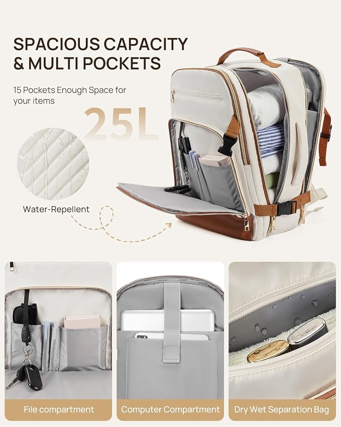 Telena Travel Backpack for Women, 15.6 inch Laptop Backpack TSA Carry on Backpack Personal Item Size Flight Approved Travel Bag Daypack with Multi-Pockets for Work, Travel, Business, Beige-Brown - Image 5