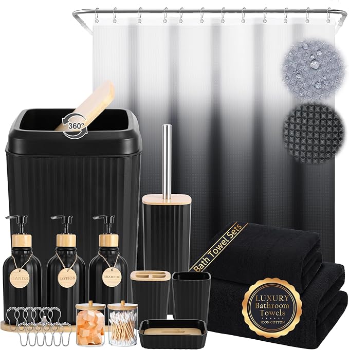 32PCS Bathroom Set Bathroom Accessories with Shower Curtain and Bath Towel,Trash Can,Bathroom Decor,Black Shower Curtain Set,Toilet Brush,Trash Can & 3PCS Soap Dispenser by BetterbathroomwithXLHOME