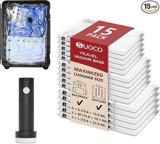 Travel Vacuum Bags for Clothing with Rechargeable Electric Pump, Compression Packing Cubes Organizer Storage for Luggage Suitcase, Space Saver Seal Bags for Vacation Cruise, 15 Combo by SUOCO