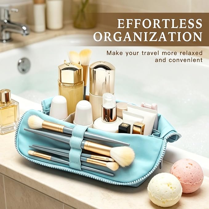 Minoisome Travel Makeup Bag,PU leather toiletry bag,make up organizer case for women,Large Capacity Cosmetic Bag,Wide-open Pouch Purse，Toiletries Accessories，Fold-Down Design and Adjustable Dividers. - Image 3