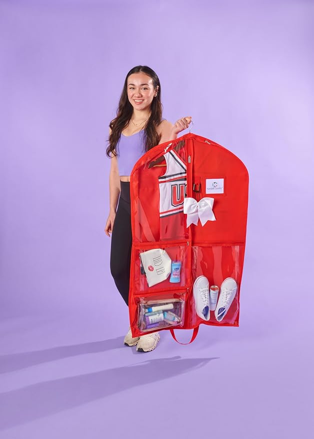 Enhanced Hanging Garment Bag with multiple clear Pockets, carrying straps, front and Side Zippers for Clothes, Dance Costumes, Cheer uniforms, and pageant dresses. (Candy Apple Red, 40 inch-2 pack) - Image 4