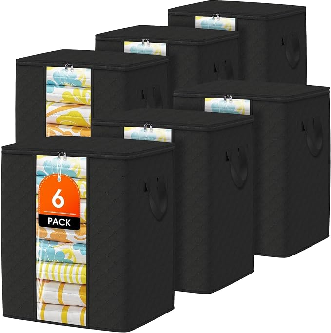 SpaceTrove Clothes Storage Bags, 6-Pack Comforter Blanket Organizers, 80L Large Capacity Containers with Visual Window for Clothing, Quilt, Sheet, Pillow, Closet Organization for Bedding (Black) by Unknown