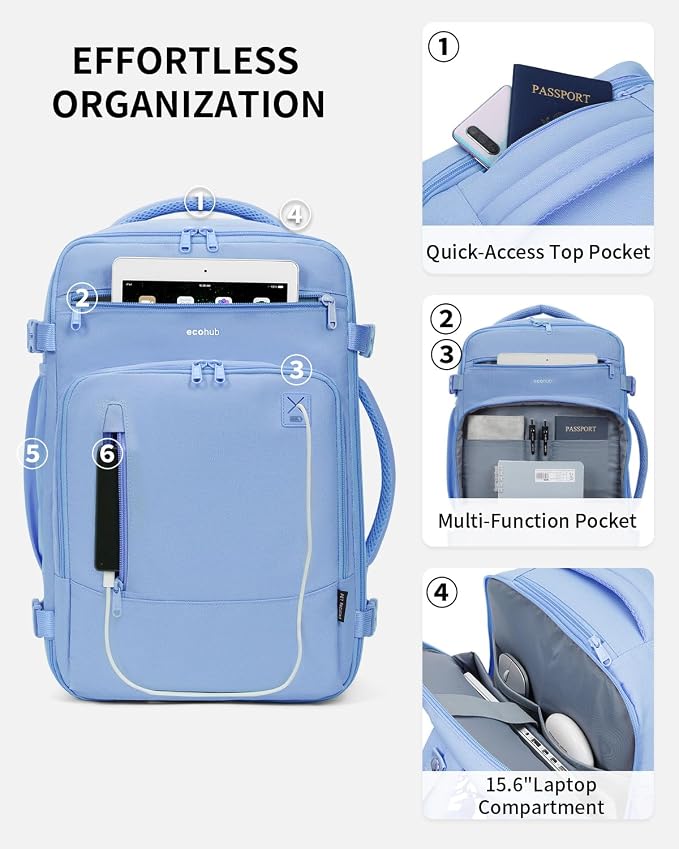 ECOHUB 17" Small Travel Backpack, United Airlines Personal Item Bag 17x10x9 with 16 Pockets, Water Resistant Rucksacks Fit 15.6" Laptop, AirTag Pocket, Lightweight Casual Daypack, 25L, Light Blue - Image 4