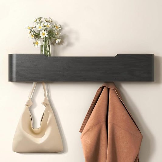 Wall Mounted Coat Rack with Shelf, Wooden Entryway Organizer with Hidden Metal Hooks for Hanging Coats Bags Keys, Modern Floating Shelf for Hallway Bathroom by VERASCOT