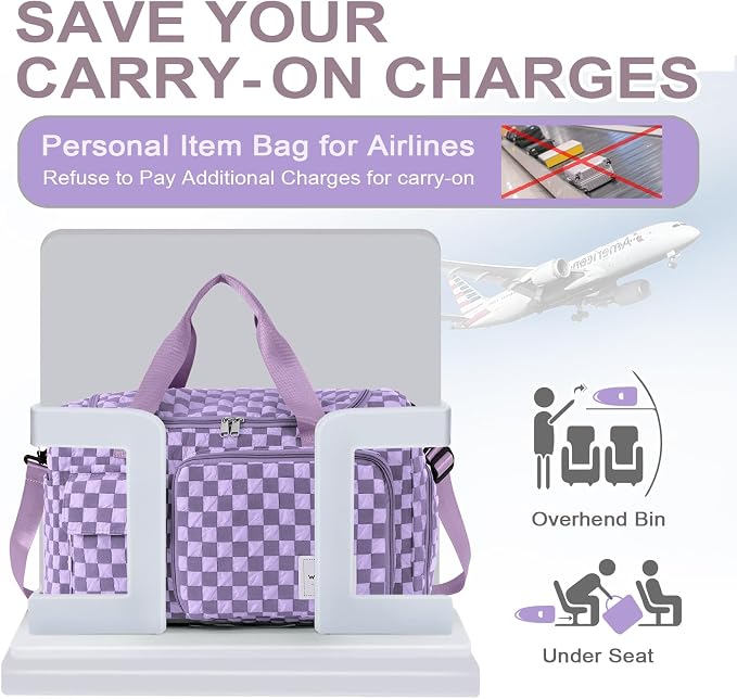 WOOMADA Foldable Travel Duffel Bag with Shoes Compartment, Overnight Bag with Wet Pocket & Trolley Sleeve, Weekender Bags for Women (violet checkerboard) - Image 4