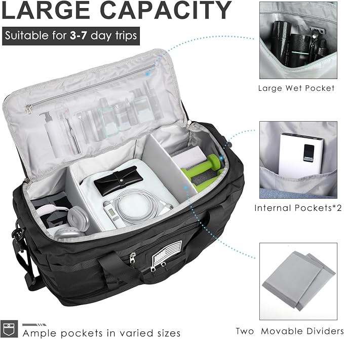 Travel Bag for Men Women, Gym Bag & Tactical Duffle Bags for Travel, Carry on with Toiletry Bag and Shoe Compartment, Weekender Overnight Trip with Wet Pocket for Workout Medical, Black - Image 3