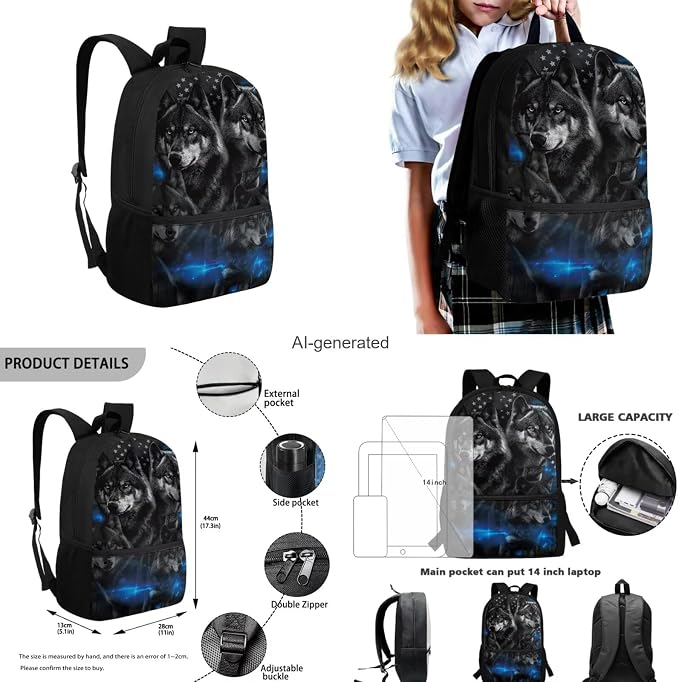 American Flag Wolf Backpack for Boys Kids Backpack with Lunch Box Water Bottle Holder and Soft Pencil Pouch 4PCS Set Cute Bookbag with Front Pocket for School Teens 17 inch Large School Bag - Image 3