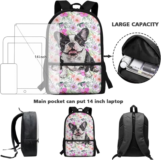 Retro Floral Bulldog Print Backpack Set Schoolbag Boys Girls Large Capacity Bookbag Lunch Box Pencil Case 17 Inch Travel Laptop Backpacks Rucksack Daypack with Zippered Pockets - Image 3