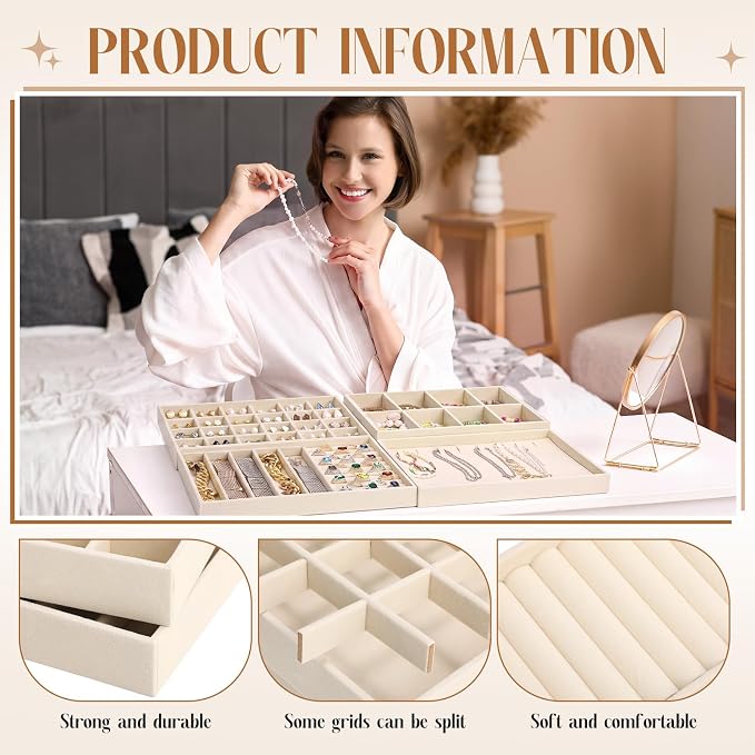 Tondiamo 8 Pcs Velvet Jewelry Drawer Organizer Trays Bulk 11.02 x 7.09 x 1.22 Inch Beige Stackable Jewelry Storage Inserts Set Tray Set with Removable Divider for Earrings Necklaces Bracelets - Image 5