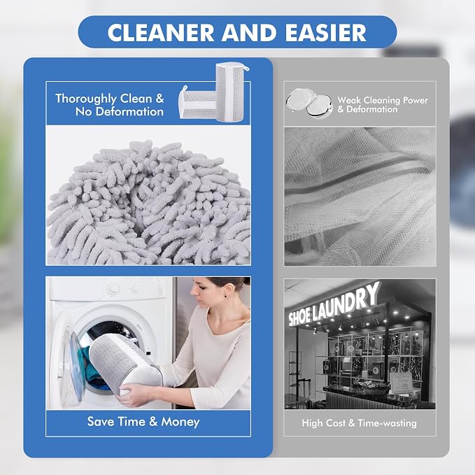 Teletrogy Shoe Laundry Bags for Washing Machine, Reusable Laundry Shoe Bag for Washer and Dryer, Fluffy Fibers 360° Wrap Around Cleaning, Adjustable Protective Shoe Trees - Home Dorm Travel, Gray - Image 2
