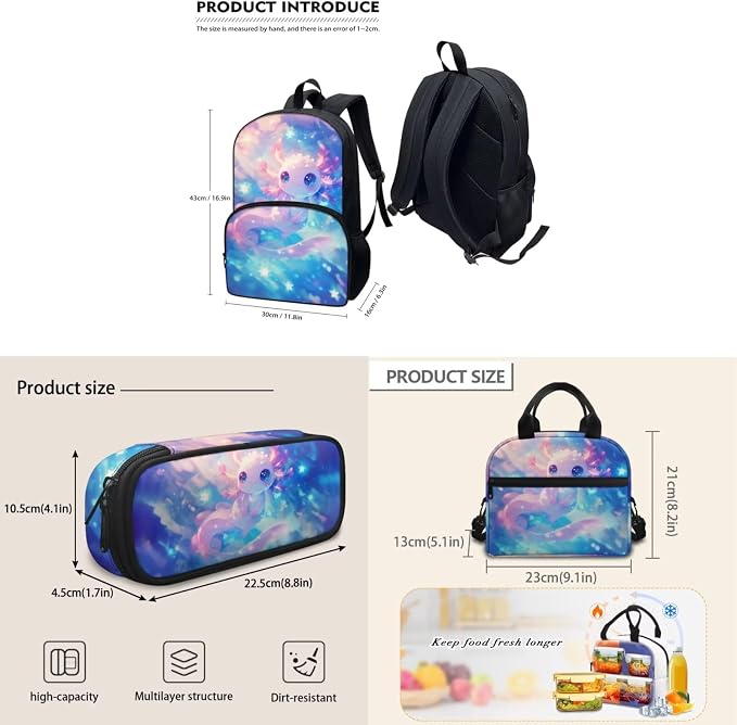 3 Pack School Bag for Boys Pink Axolotl Galaxy Backpack Bookbag with Lunch Box Pencil Case Elementary/Primary/Middle Kids Backpack Daypack Satchel Set - Image 5