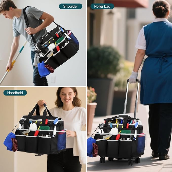 Large Rolling Cleaning Caddy Bag with Detachable Trolley, Full Support Plates for Professional Cleaning Supplies Bag, Organizer Bag with 4 Universal Wheels for Housekeepers, Car Wash - Image 6