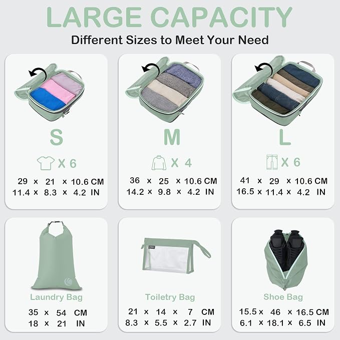 Cipway Compression Packing Cubes, Lightweight Travel Luggage Organizers with Shoe, Toiletry & Laundry Bags, Travel Essentials for Carry-on Suitcase (8 Piece, Sage Green) - Image 5