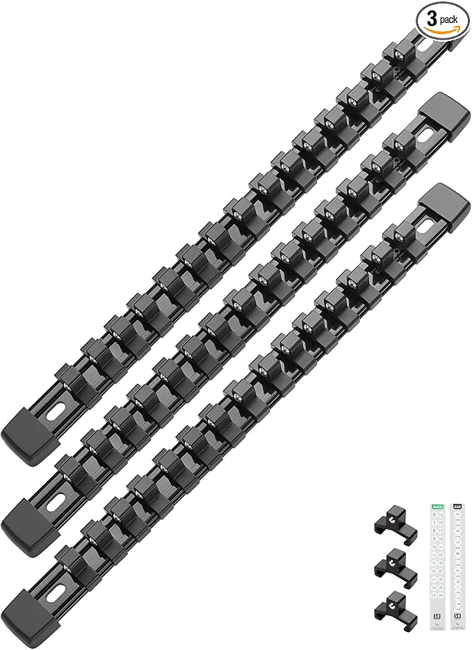 ALOANES 3PC ABS Socket Organizer, Socket Rails Fit 3/8 inch Drive | Portable Heavy Duty Socket Holders Hold up 45 Sockets for Toolbox Drawer Bags(Black) by Aloanes