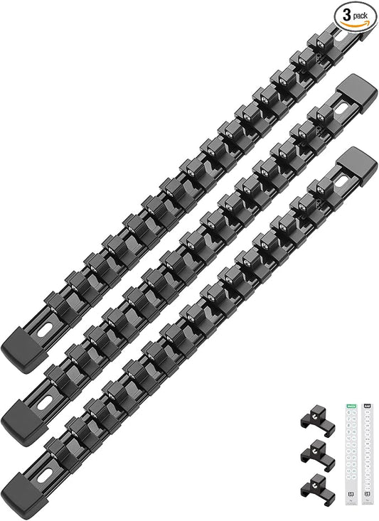 ALOANES 3PC ABS Socket Organizer, Socket Rails Fit 3/8 inch Drive | Portable Heavy Duty Socket Holders Hold up 45 Sockets for Toolbox Drawer Bags(Black) by Aloanes