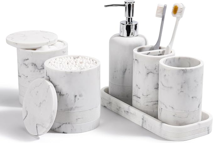 Bathroom Accessories Set, 6-Piece Bathroom Accessory Set, Toothbrush Holders Set, Soap Dispenser, Vanity Tray, Tumbler, Cotton Swab Jars, Bathroom Organizer for Modern Bathrooms (Marble White) by YMXYJM