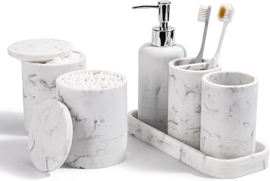 Bathroom Accessories Set, 6-Piece Bathroom Accessory Set, Toothbrush Holders Set, Soap Dispenser, Vanity Tray, Tumbler, Cotton Swab Jars, Bathroom Organizer for Modern Bathrooms (Marble White) by YMXYJM