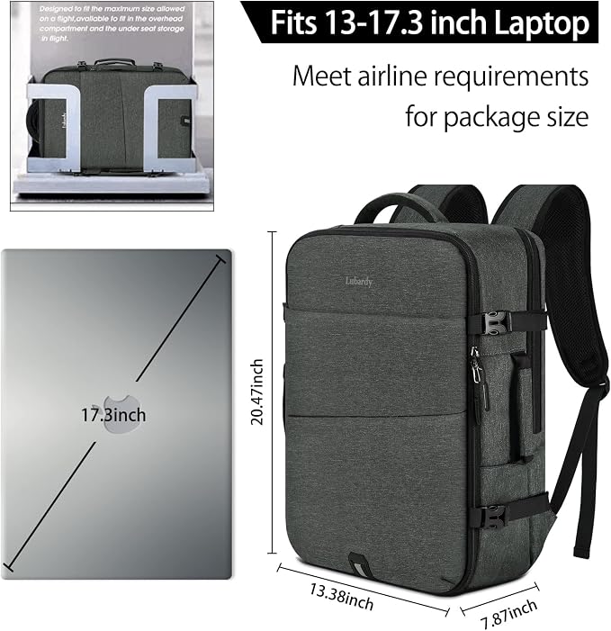 Lubardy Travel Backpack for Men Women 17 Inch Flight Approved Carry on Backpack Waterproof Large 40L Luggage Daypack Business College Weekender Overnight Laptop Backpack with 3 Packing Cubes, Grey - Image 3