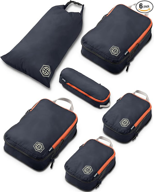 Compression Packing Cubes for Travel, 6-Piece Lightweight Packing Cubes Set for Carry-On Luggage & Backpacks – TRIPPED Travel Gear (Grey and Orange) by TRIPPEDTravelGear