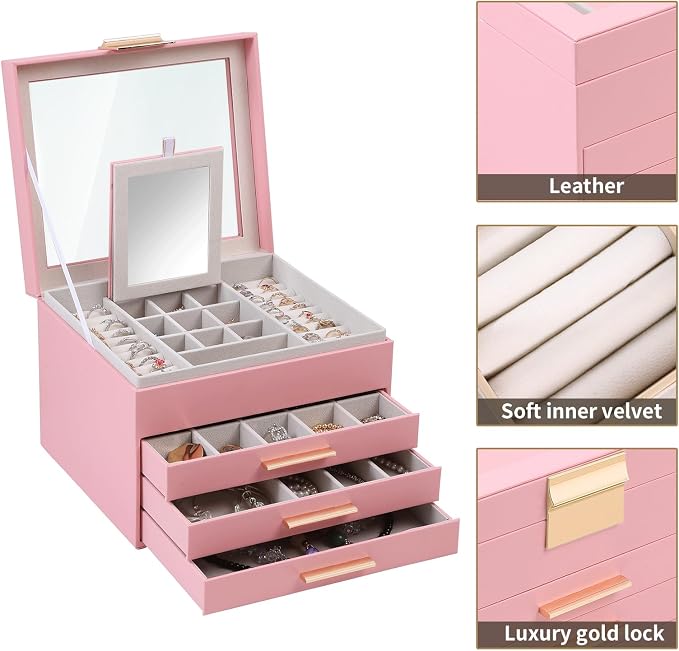 BOOVO Clear Lid Jewelry Box,3 Layers Jewelry Organizer Large Jewelry Storage Box with 2 Drawers,Jewelry Holder Organzier of Rings Earrings Necklace Bracelets for Women (Pink, 4 Layer) - Image 2