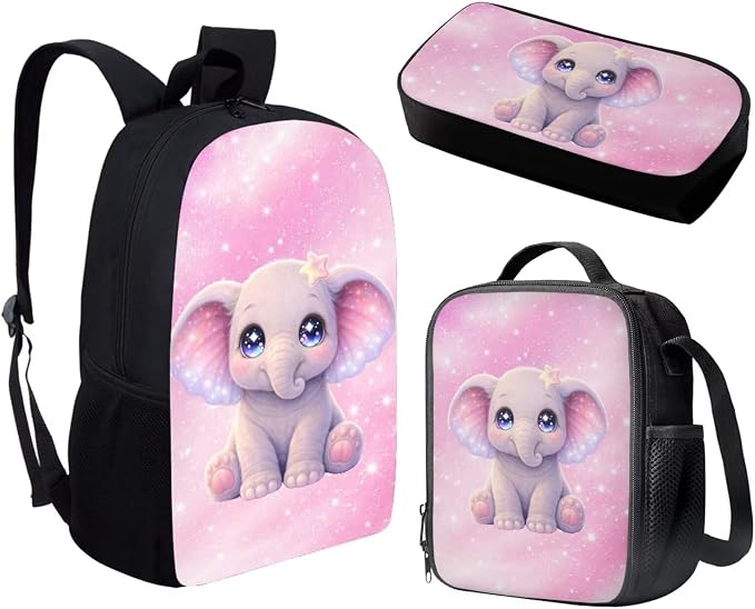Forchrinse Cartoon Elephant Backpack with Lunch Box Set for Girls 8-12 Elementary Bookbag 3 In 1 School Bag with Lunch Bag Pencil Case Middle High Back Packs Daycare Satchel Rucksack - Image 2