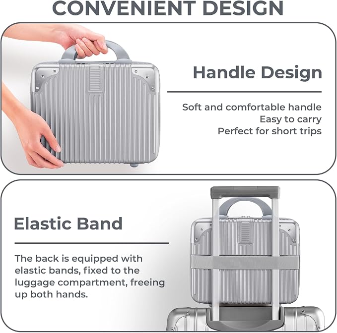 14 Inch Hard Shell Cosmetic Case, Mini Carrying Makeup Suitcase, Silver | Small Pressure-proof Hard Case Makeup Travel Case with Elastic Band ABS Carrying Suitcase, Mini Travel Hand Luggage Organizer - Image 3