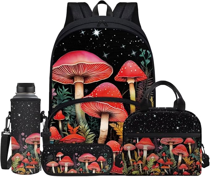 Cottagecore Mushroom Backpack 4 Pcs Cute Wild Flower Mushroom Schoolbag Set with Lunch Box Pencil Holder Case Water Bottle Carrier Bag Sling Bags for Boy Girl，Durable Causal Daypack by FUIBENG