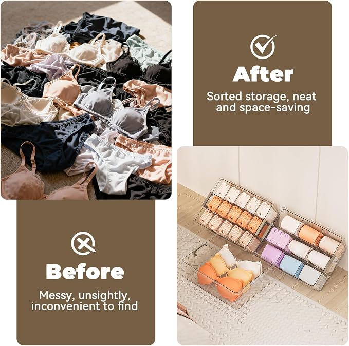 Bra Drawer Organizer for Women - 2 PCS Clear Plastic Storage Box with Lid and Dividers for Socks, Underwear, Bras, Ties, and Closet Organization - Image 8