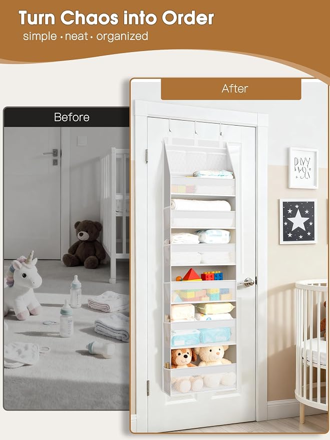 Criusia 2 Pack Over the Door Organizer, Heavy-Duty 6-Shelf Hanging Storage with 13 Mesh Pockets, 55lbs Capacity Behind the Door Storage for Nursery, Bathroom, Bedroom, and Dorm, White - Image 8