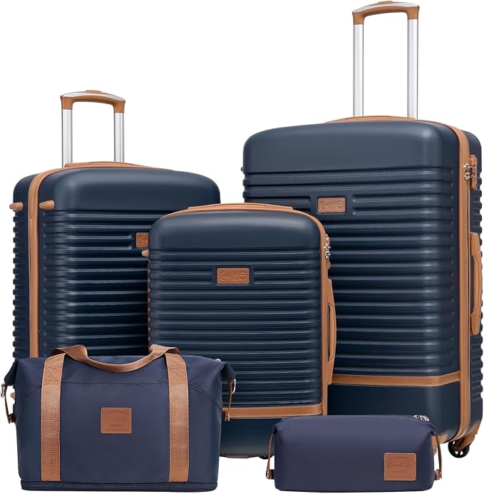 Coolife 5 piece luggage Hardside Set with TSA Lock,Navy(DB/TB/20/24/28) | Multi-Directional Wheels;Convenient Trolley Strap;Water-Resistant Fabric;Spacious Zipper Compartments;Lightweight ABS by COOLIFE