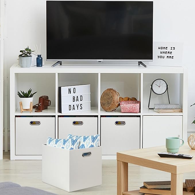 Posprica 13x15x13in Collapsible Storage Bins, Fabric Foldable Cube Storage Boxes, Decorative Storage Baskets Organizer for IKEA Kallax, Shelves, Closet, Clothes, Set of 4-White - Image 3