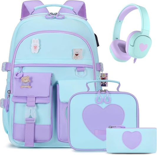 ACESAK Backpack for Girls with Headphones - Girls Backpack with Lunch Box, Pencil Case & Kids Headset - 3.5mm Wired Headphones for School Bookbag Schoolbag Set Back To School Gift (Blue Purple) by ACESAK