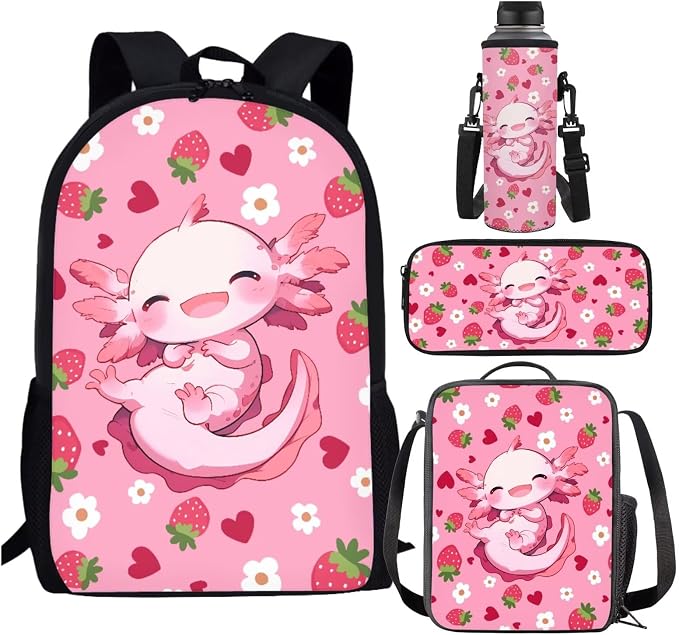 Axolotl Backpack for School Girls 3rd Grade Preppy with Lunch Box Strawberry Bookbag and Lunch Bag Set 17in Elementary Schoolbag Lunch Bag Pencil Case Water Bottle Holder 4 in 1 Back Pack by SCRAWLGODDreamWardrobe