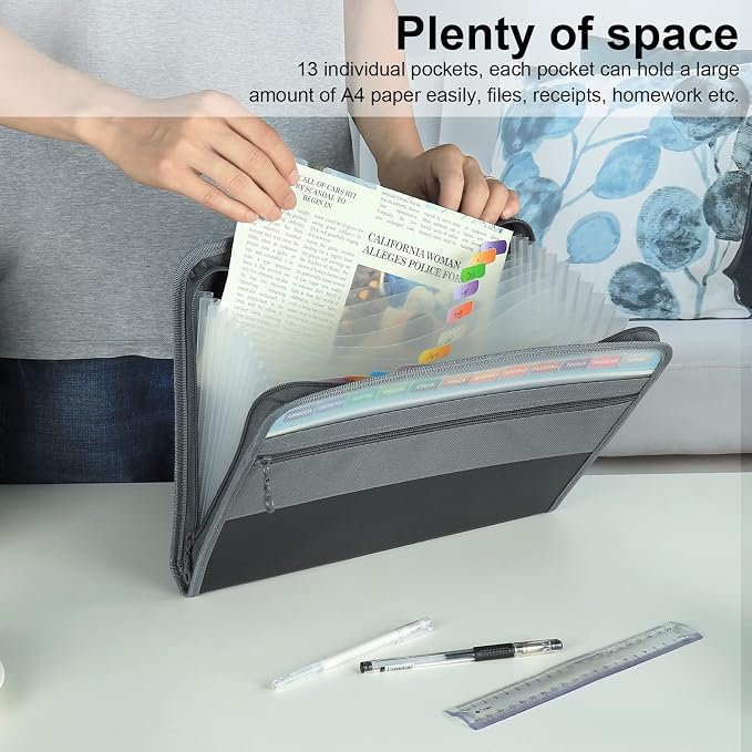 NAFY Expanding File Folder, 13 Pockets Document Organizer with Zipper, A4 Letter Size Portable Accordion Expanding File Folders with 27pcs Multicolor Labels for Home Office School Supplies (Black) - Image 2