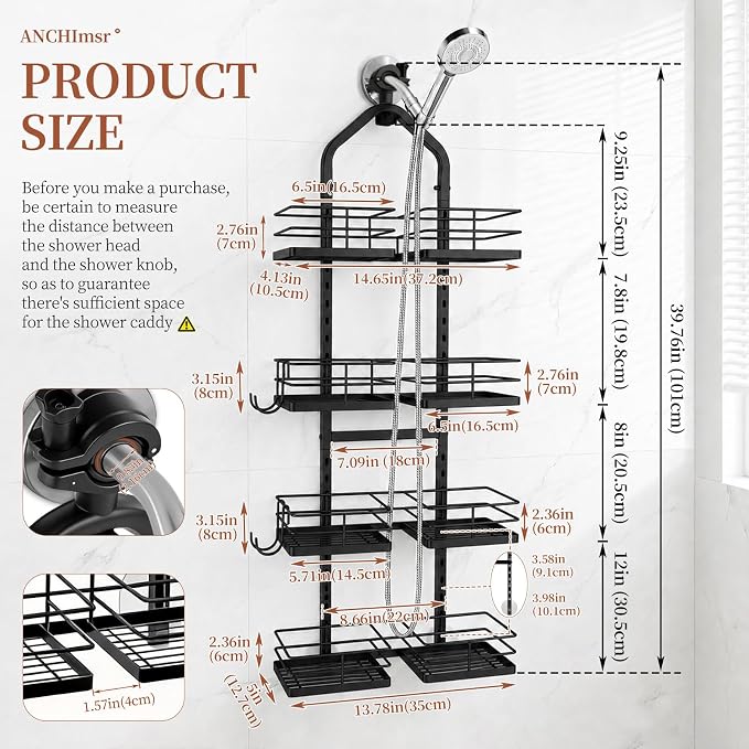 4-Tier Adjustable Hanging Shower Caddy for Handheld Showerhead, Black | Rustproof Shower Rack Baskets, Anti-Swing Hanging Shower Organizer for Bathroom Storage with 2 S-Hooks, Large Capacity - Image 2