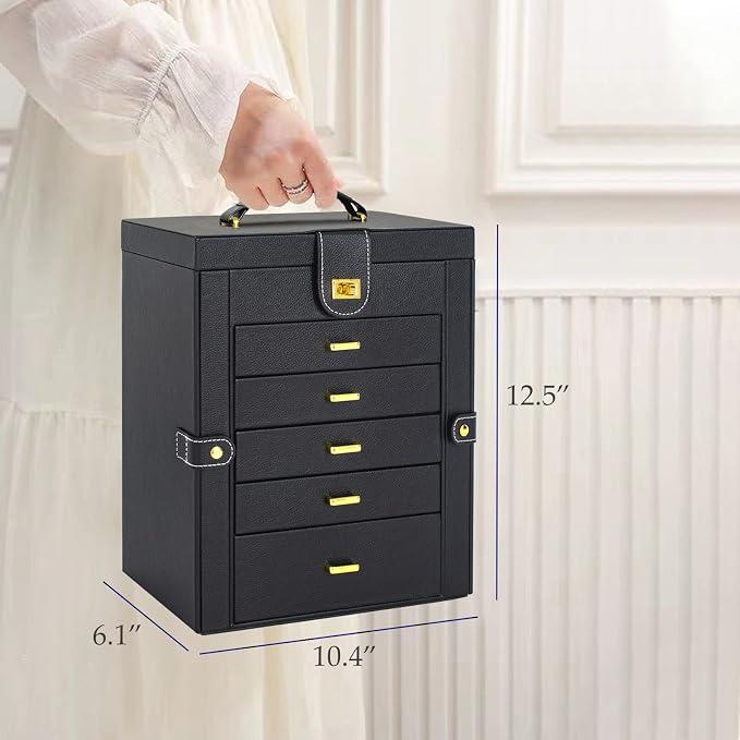 AKOZLIN 6-Tier Jewelry Box Organizer Functional 5 Drawers Leather Jewelry Storage Case for Women Girls Ring Necklace Earring Bracelet Holder Organizer with Mirror Black Large - Image 5