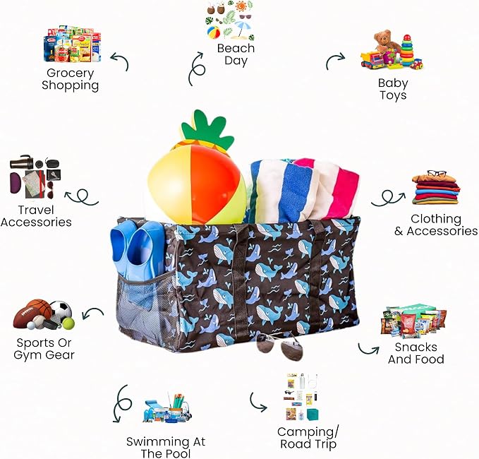 Extra Large Utility Tote Bag - Oversized Collapsible Reusable Wire Frame Rectangular Canvas Basket With Two Exterior Pockets For Beach, Pool, Laundry, Car Trunk, Storage - Whale - Image 3