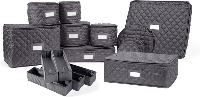 Covermates Keepsakes Dish Storage Set – Padded China & Dinnerware Storage Cases with Dividers, Cup & Stemware Storage, Quilted Polyester Protection, ID Window, Slate by Covermates