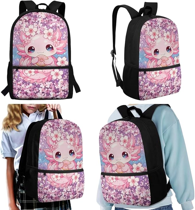 Donut Axolotl Kids 4-in-1 School Backpack Set, Cherry Blossom 17'' Bookbag with Insulated Lunch Box, Pencil Case & Water Bottle Holder, Cute Cartoon Schoolbag for Girls, Gift for Age 6-12 - Image 2