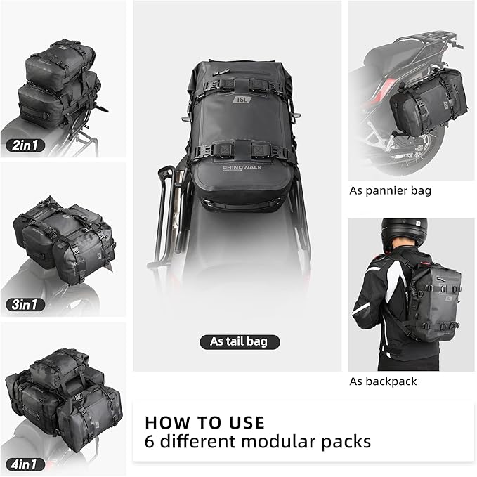 Rhinowalk Motorcycle Tail Bag, Travel Luggage Bags, Waterproof Rear Carrier, Motorcycle Rear Seat Bag Backpack, Rear Rack Trunk - Black 15L - Image 5